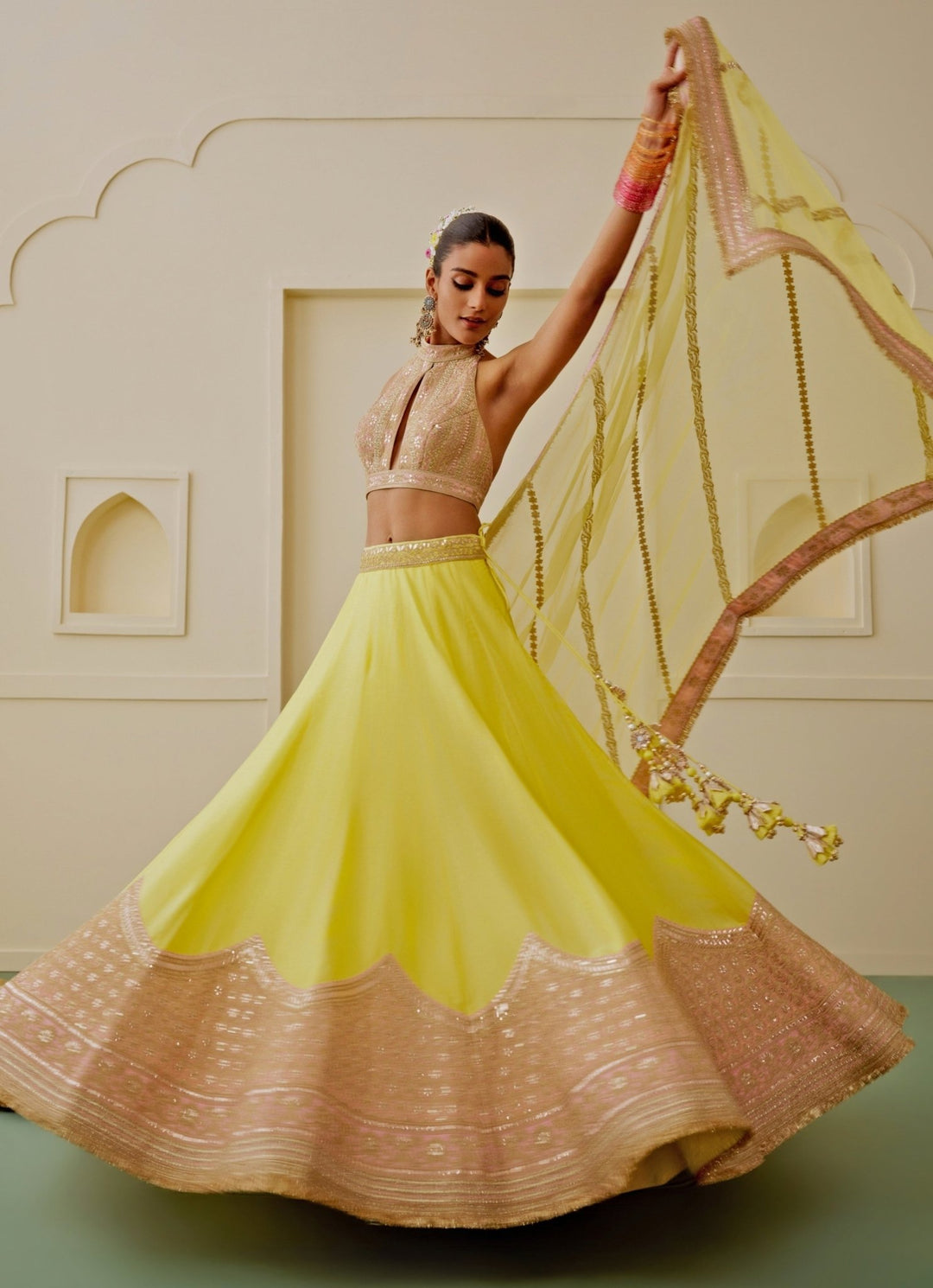Gopi Vaid Yellow Tussar Lehenga Set With Halter BlouseFabilicious Fashion