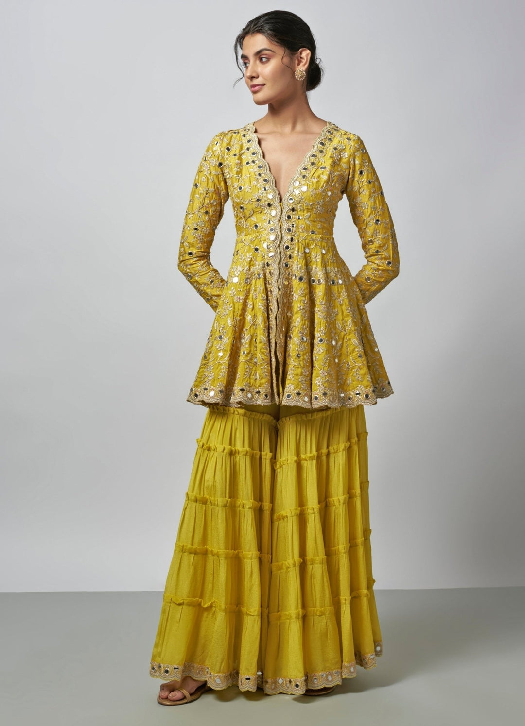Gopi Vaid Yellow Tussar Peplum Kurta Sharara SetFabilicious Fashion