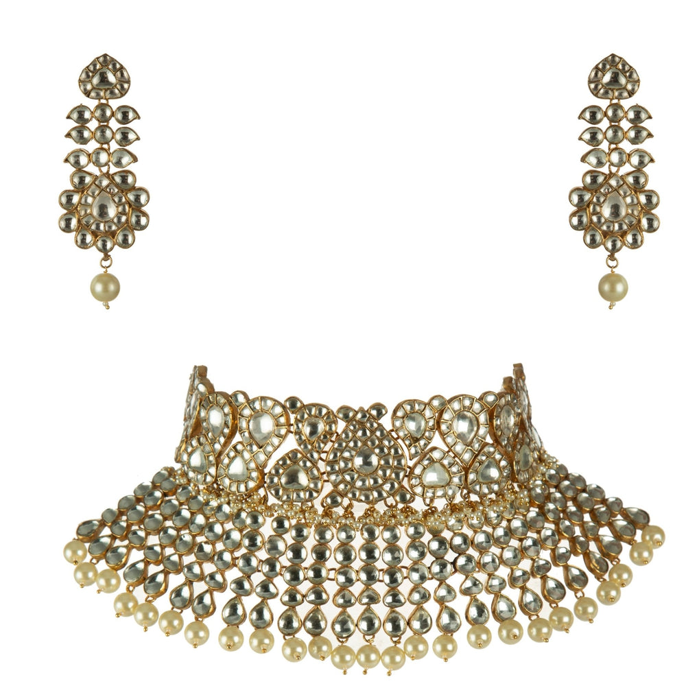 2 Layer White Bridal Set with Earrings Riana by Shikha Jindal - Fabilicious Fashion