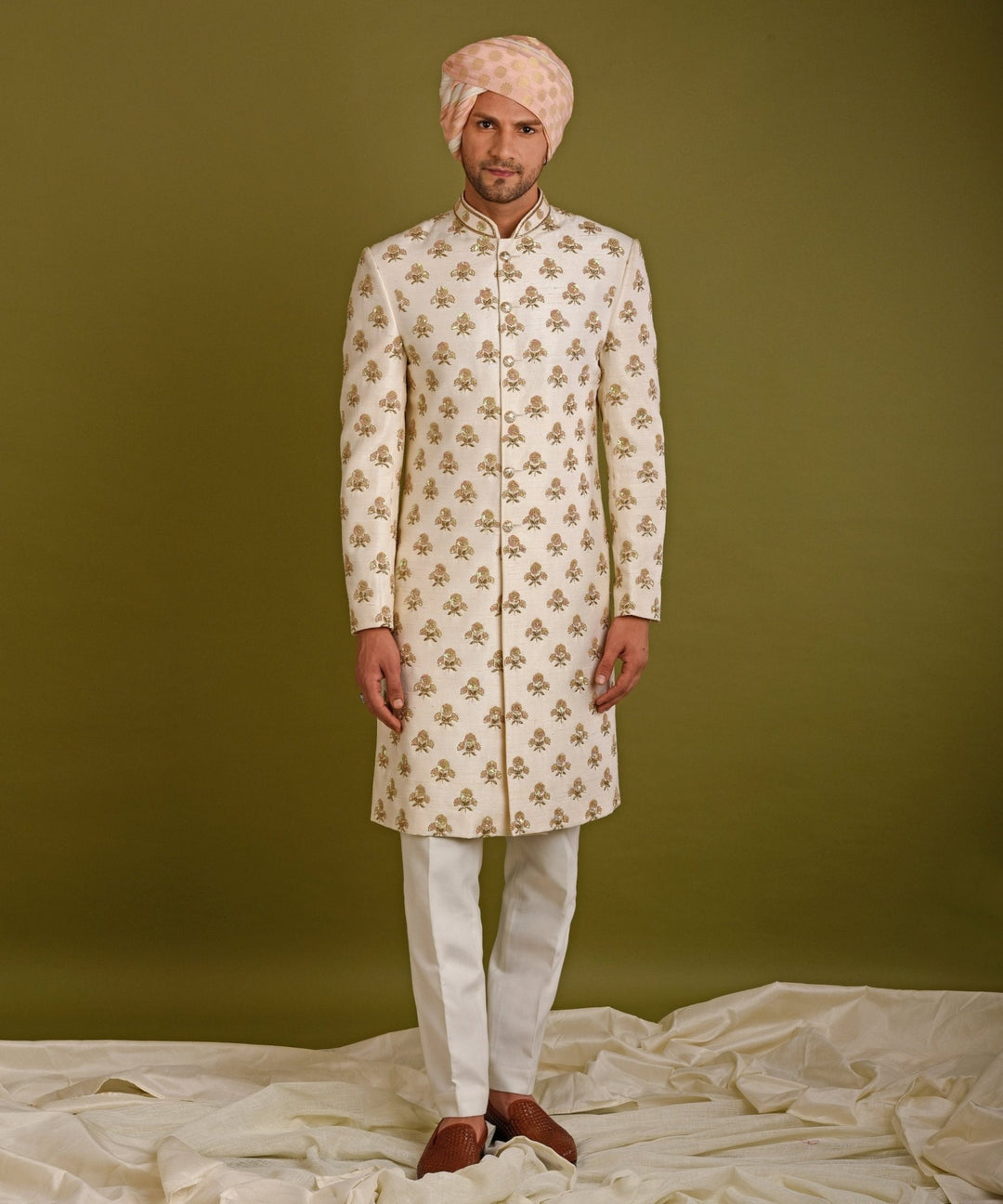 3 Floral Sequins Motif Beige Sherwani Chatenya Mittal - Fabilicious Fashion