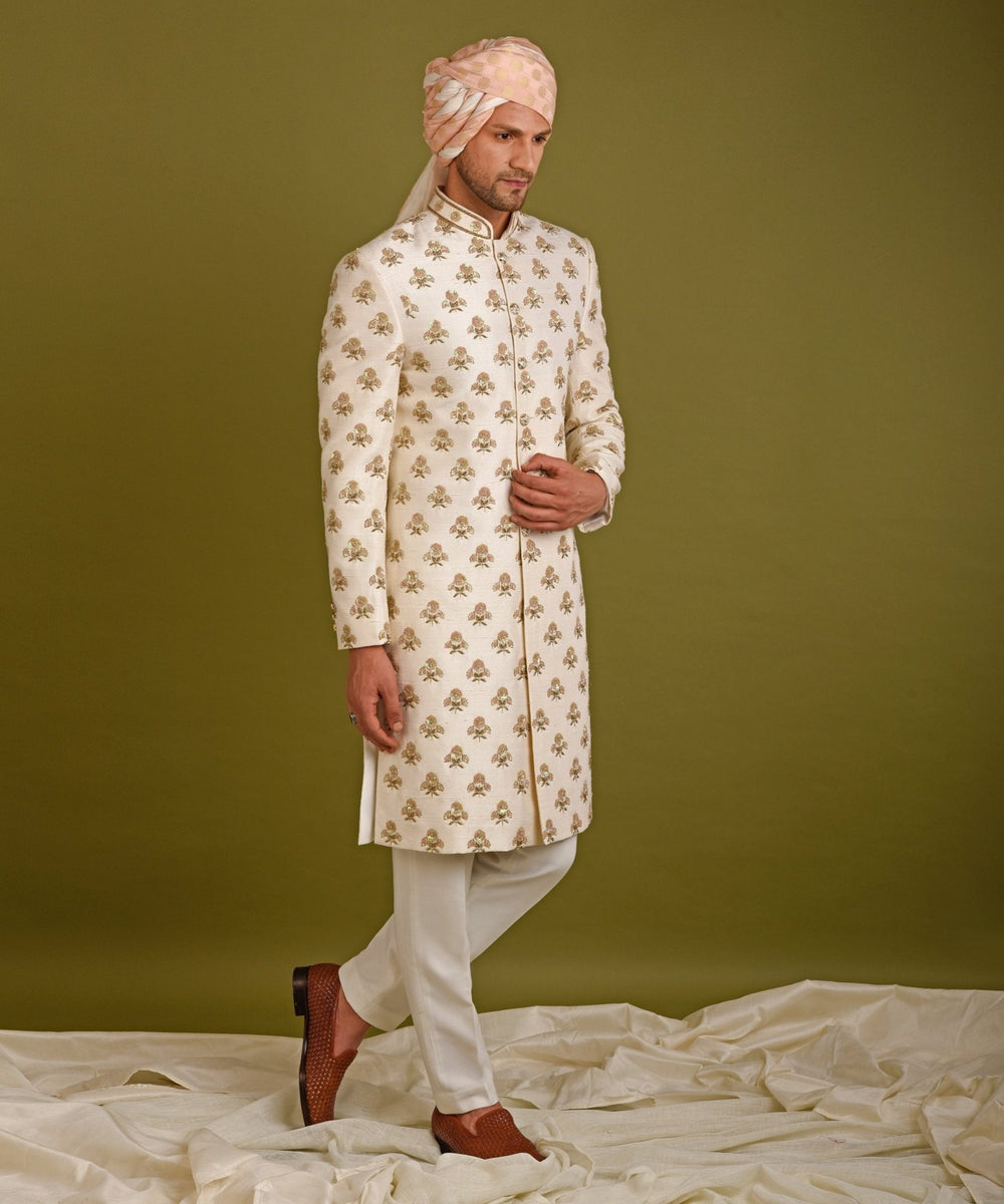 3 Floral Sequins Motif Beige Sherwani Chatenya Mittal - Fabilicious Fashion