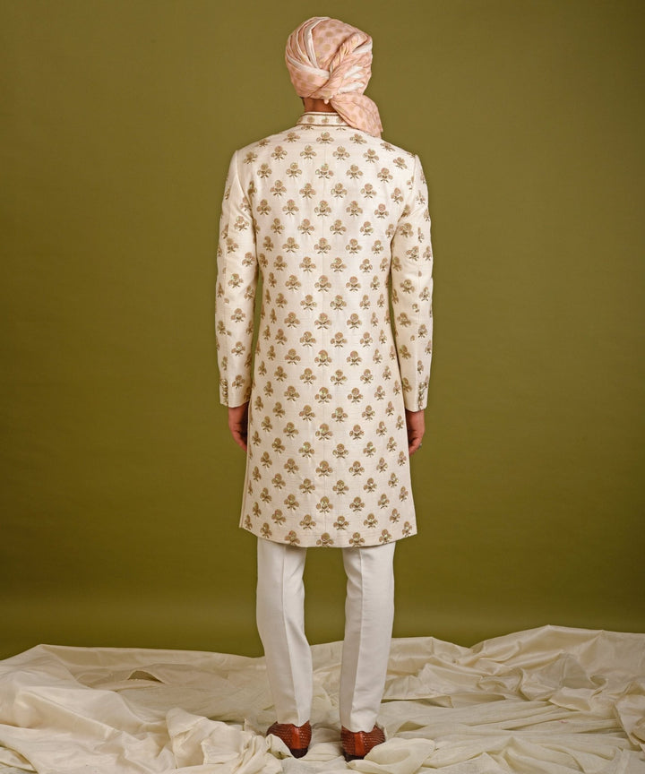 3 Floral Sequins Motif Beige Sherwani Chatenya Mittal - Fabilicious Fashion