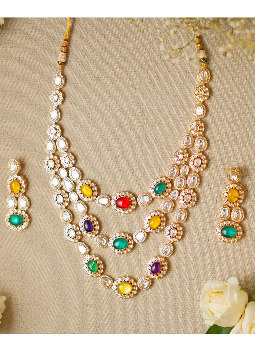 3 Layer navratna multicolour Polki Necklace Set Zevar by Geeta - Fabilicious Fashion