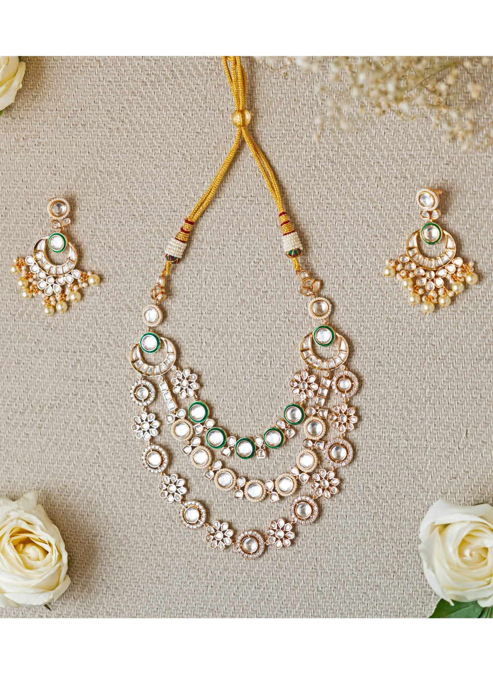 3 Line Floral Polki Necklace Zevar by Geeta - Fabilicious Fashion