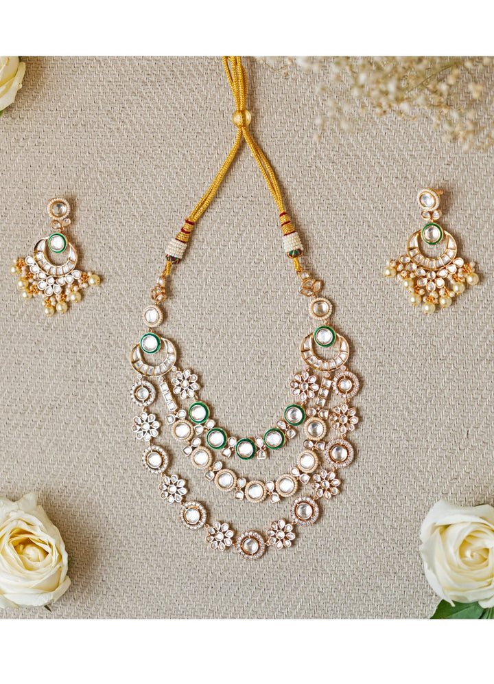 3 Line Floral Polki Necklace Zevar by Geeta - Fabilicious Fashion