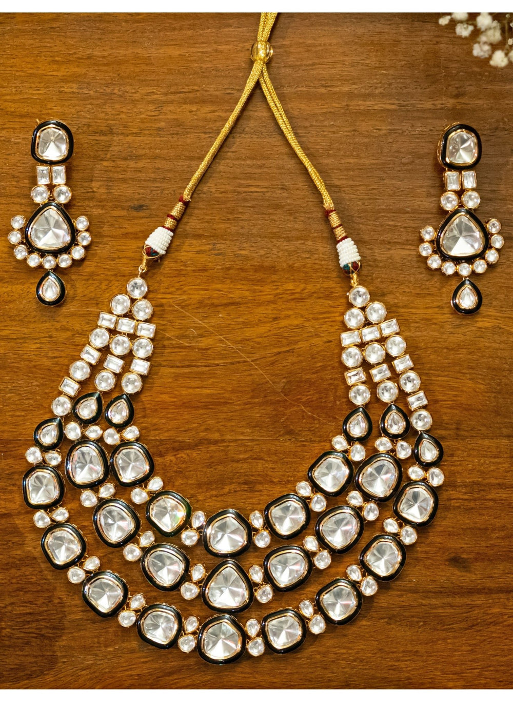 3 Line Polki Necklace Set Zevar by Geeta - Fabilicious Fashion