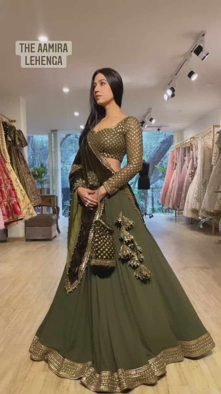 Ameera Olive Green And Black Velvet Lehenga Set
