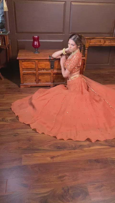 Burnt Orange And Vintage Gold Lehenga
