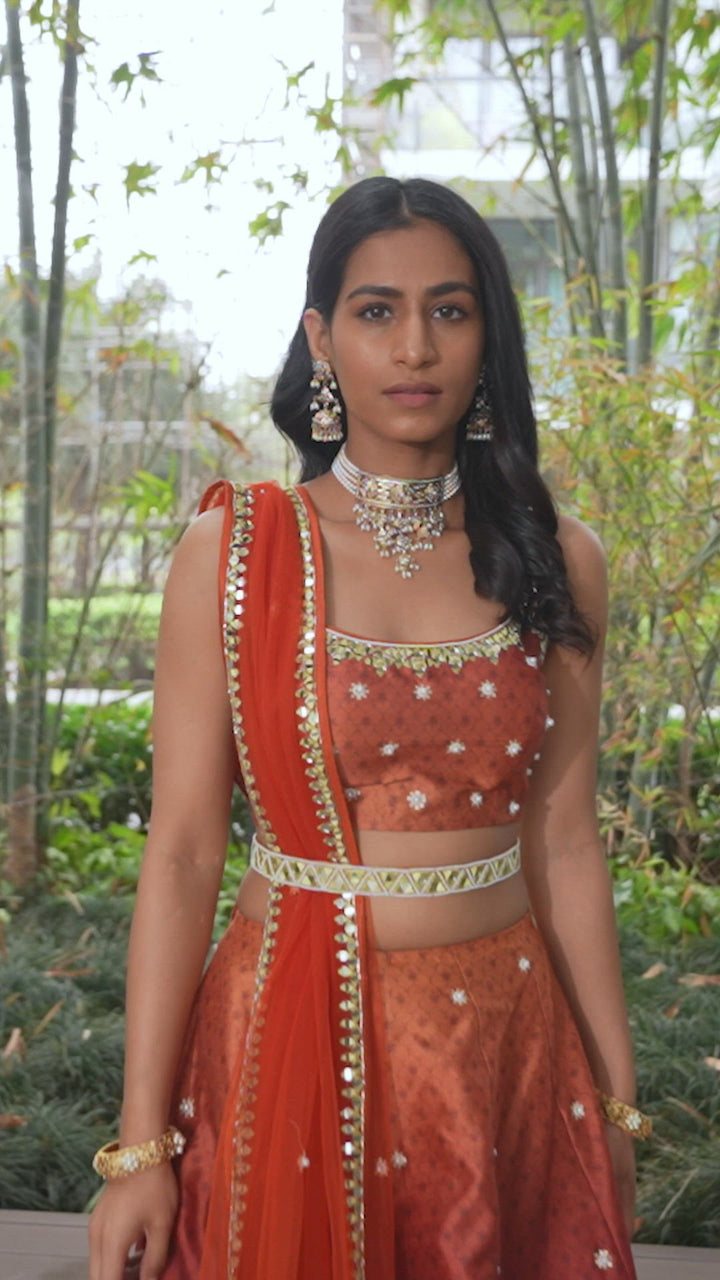 Orange Ombre Printed Embroidered Lehenga Set