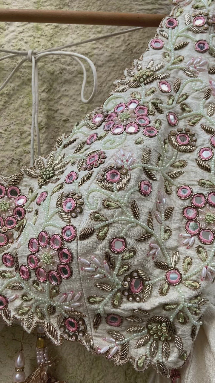 Ivory And Pink Thread And Mirror Work Lehenga Set