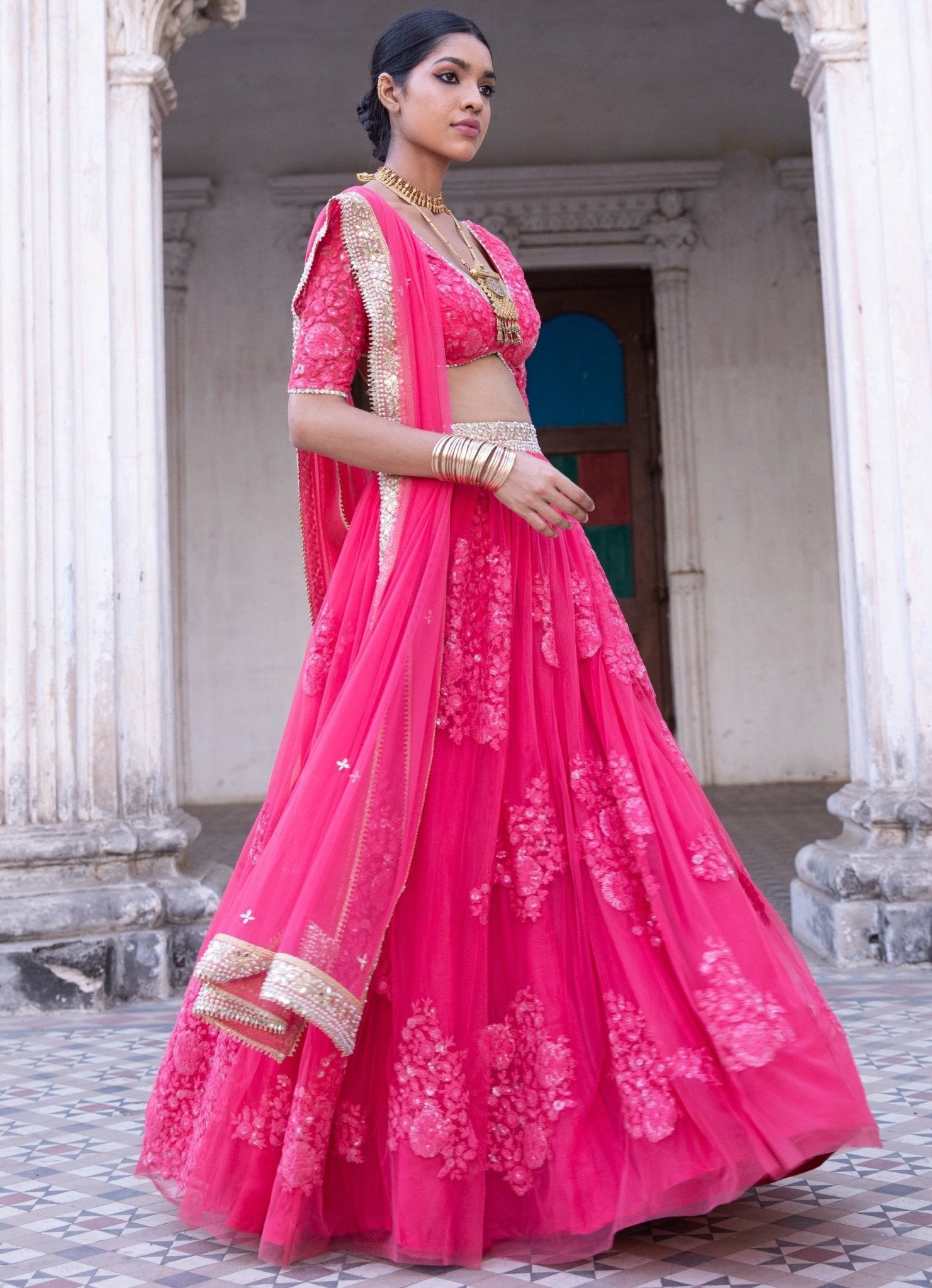 Aarna raspberry pink lehenga set by Renee Label β sangeet lehenga