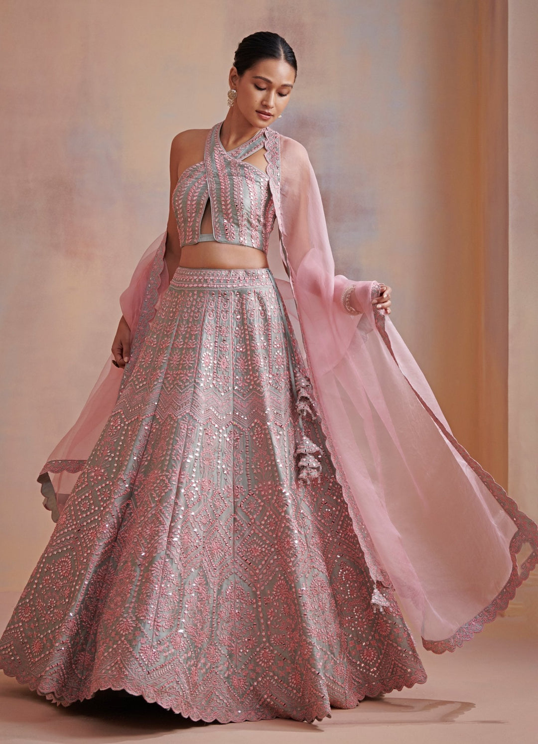 Adina Pink and Ice Blue Embroidered Lehenga Set Suhino - Fabilicious Fashion
