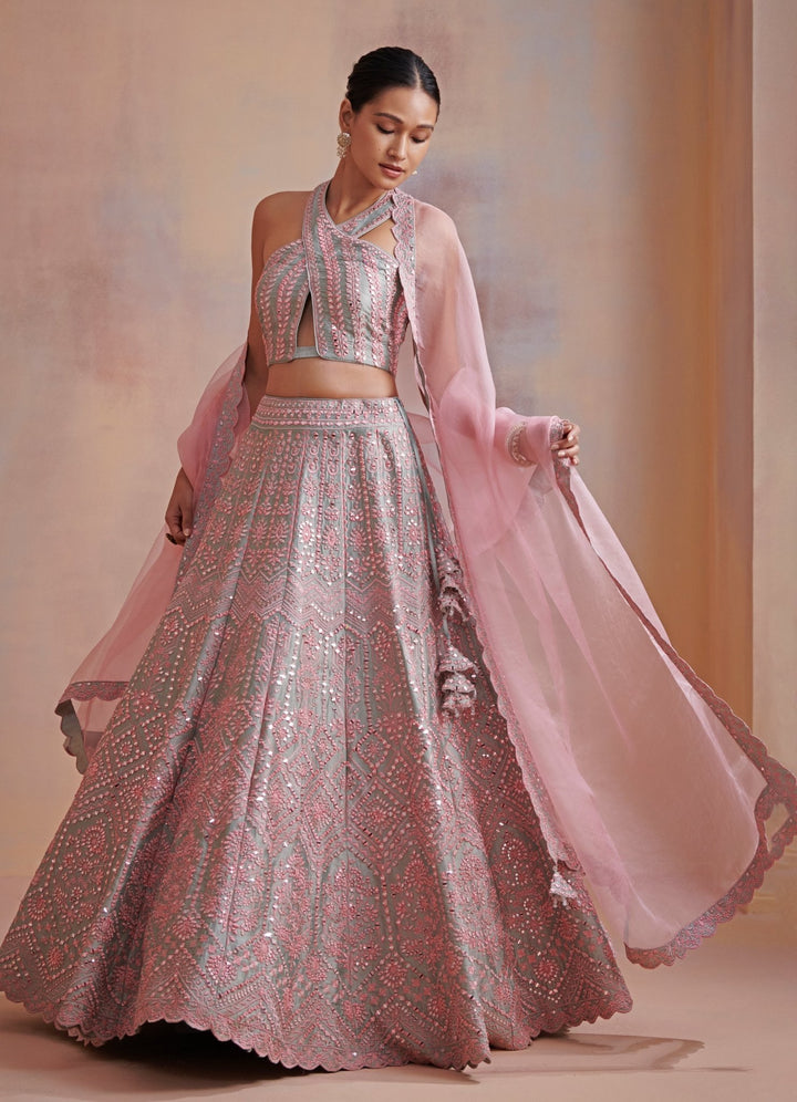 Adina Pink and Ice Blue Embroidered Lehenga Set Suhino - Fabilicious Fashion