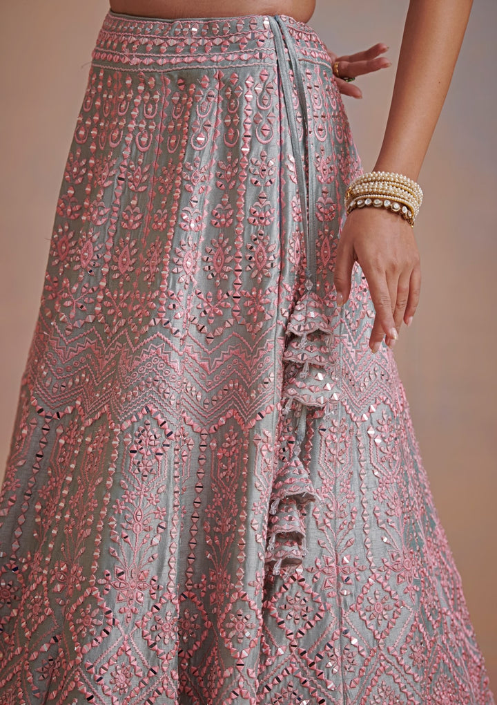 Adina Pink and Ice Blue Embroidered Lehenga Set Suhino - Fabilicious Fashion