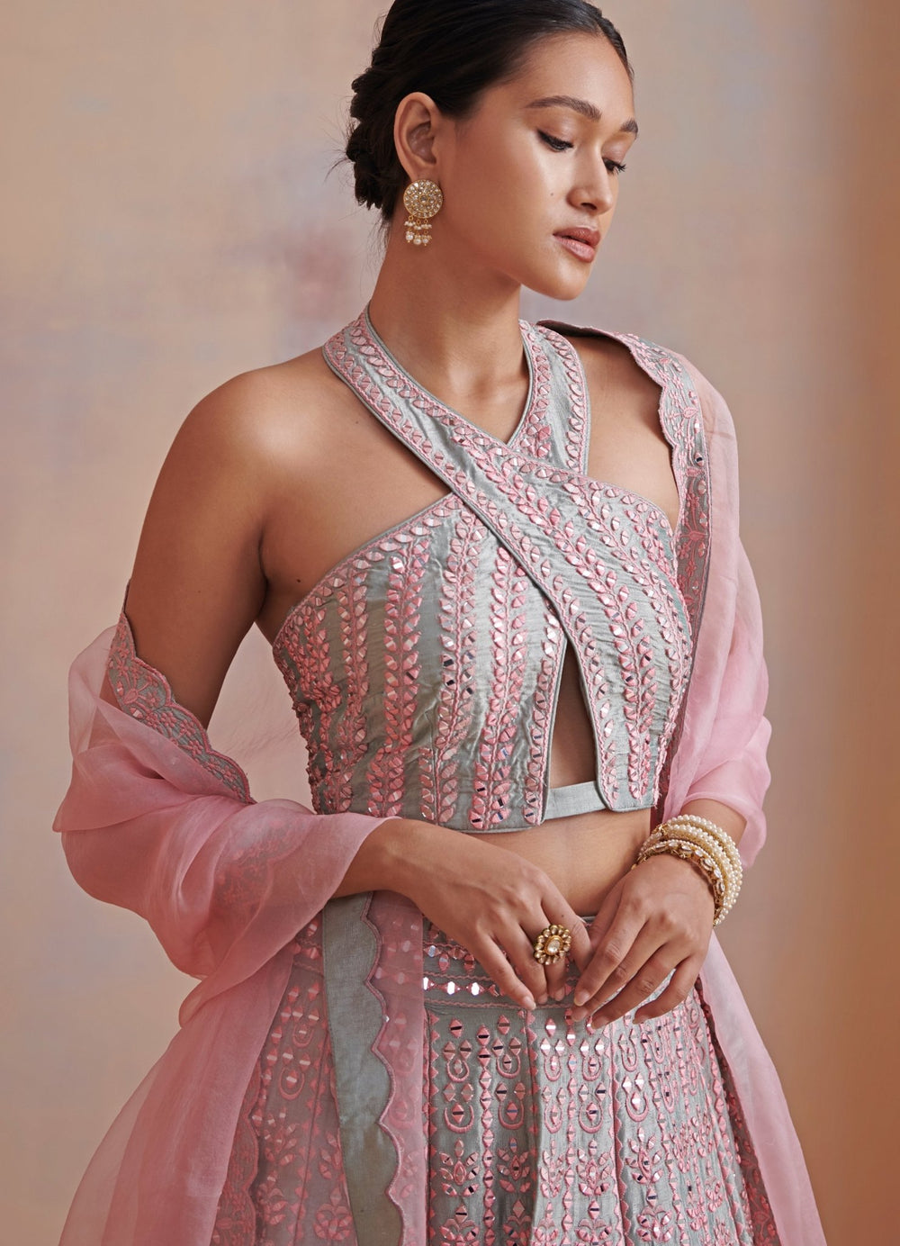Adina Pink and Ice Blue Embroidered Lehenga Set Suhino - Fabilicious Fashion