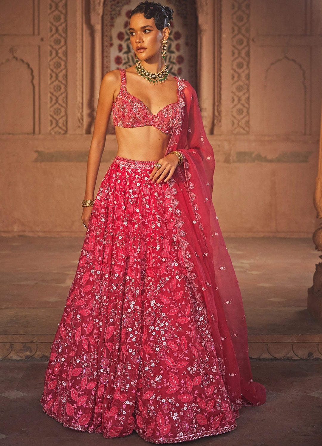 Alluring Pink Embellished Organza Lehenga Set With Net Dupatta Prevasu - Fabilicious Fashion