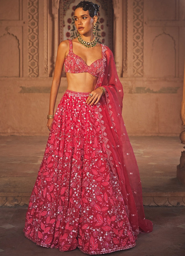 Alluring Pink Embellished Organza Lehenga Set With Net Dupatta Prevasu - Fabilicious Fashion