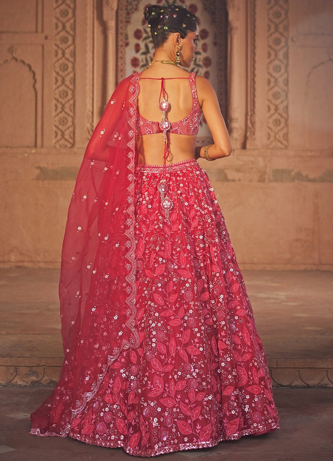 Alluring Pink Embellished Organza Lehenga Set With Net Dupatta Prevasu - Fabilicious Fashion