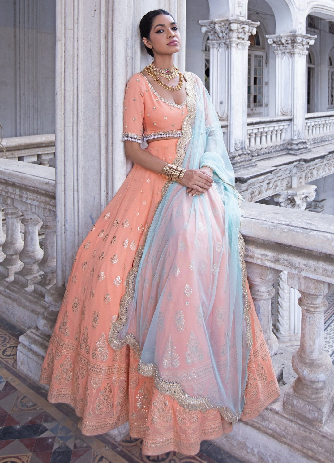 Amara Tangerine Gota Lehenga Set Renee - Fabilicious Fashion