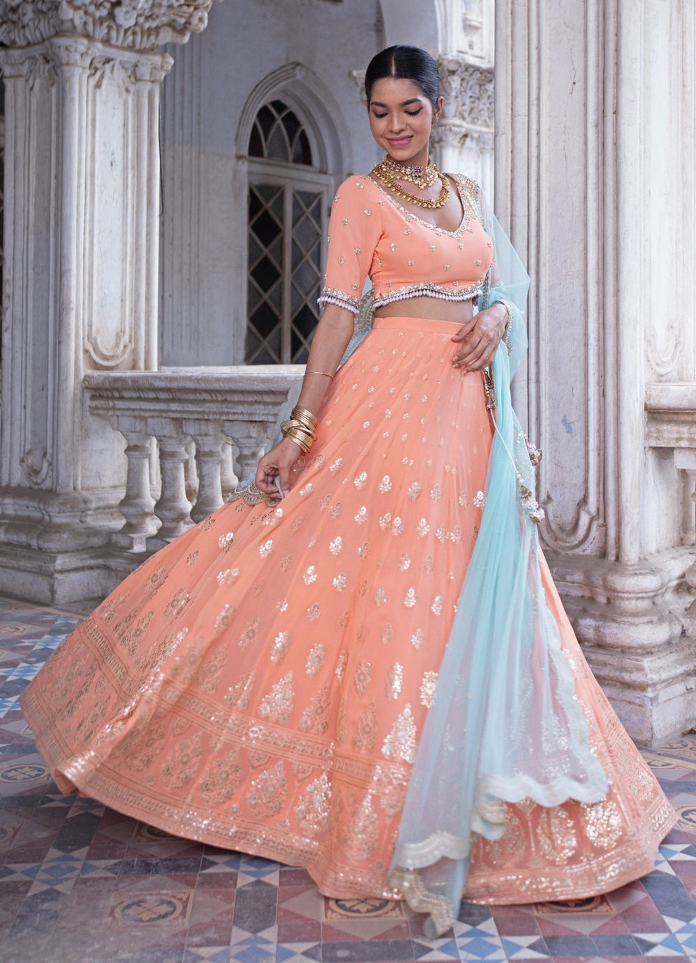 Amara Tangerine Gota Lehenga Set Renee - Fabilicious Fashion