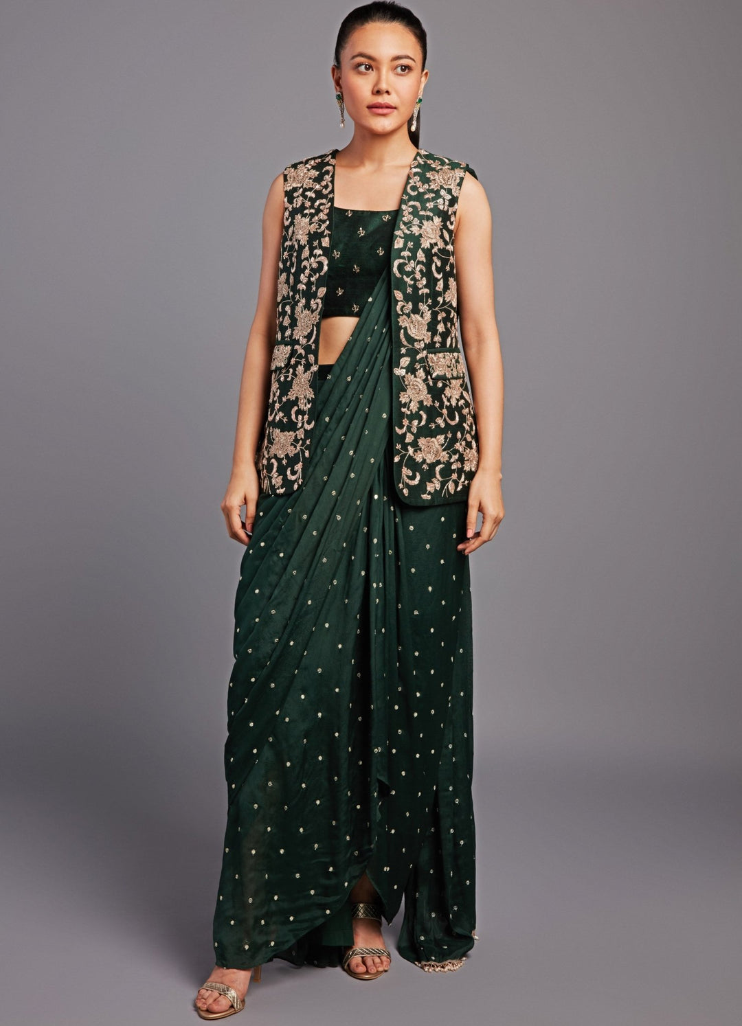 Amayra Forest Green Jacket And Saree Set Chamee n Palak - Fabilicious Fashion