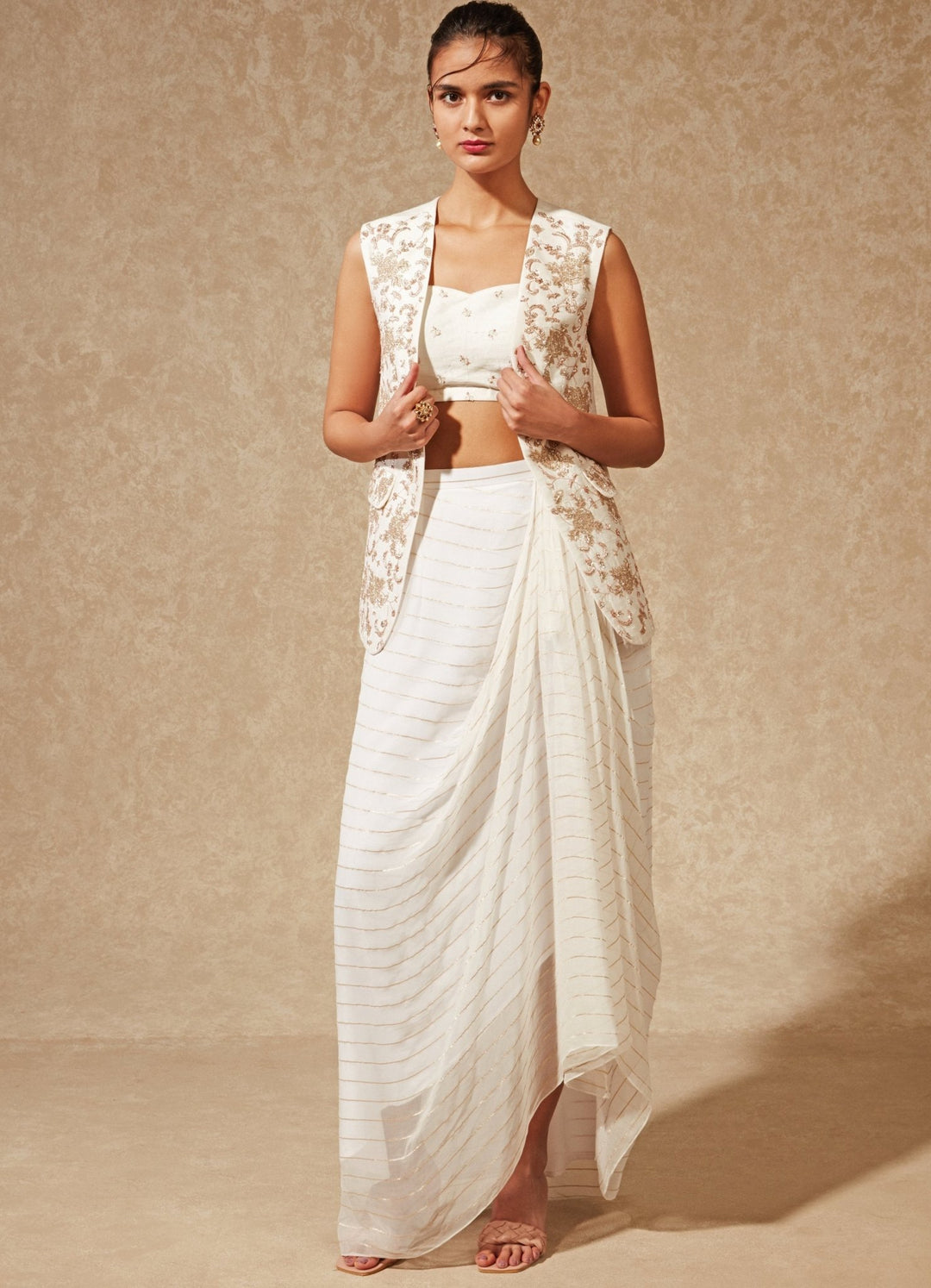 Amayra Ivory Jacket With Drape Lehenga Chamee n Palak - Fabilicious Fashion
