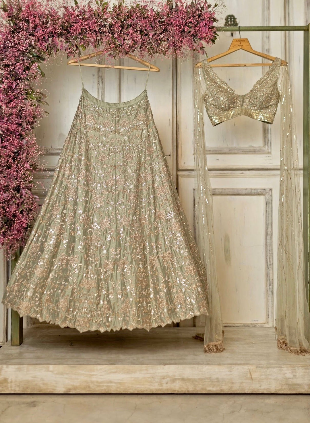 Amayra Sage Green Raw Silk Lehenga Set Chamee n Palak - Fabilicious Fashion