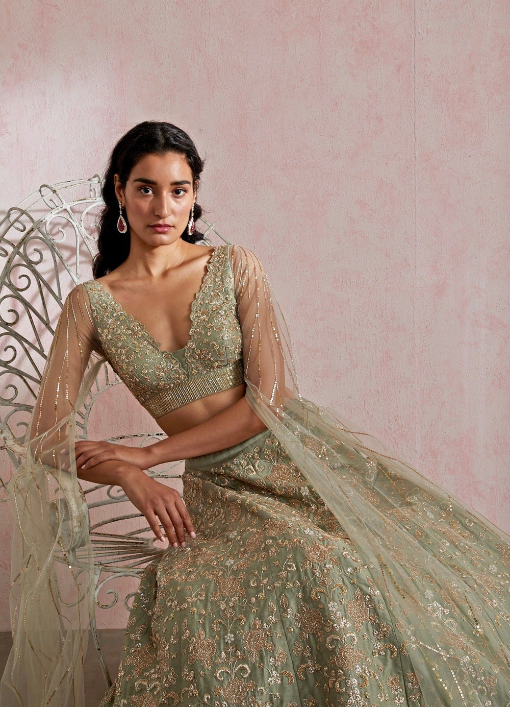 Amayra Sage Green Raw Silk Lehenga Set Chamee n Palak - Fabilicious Fashion