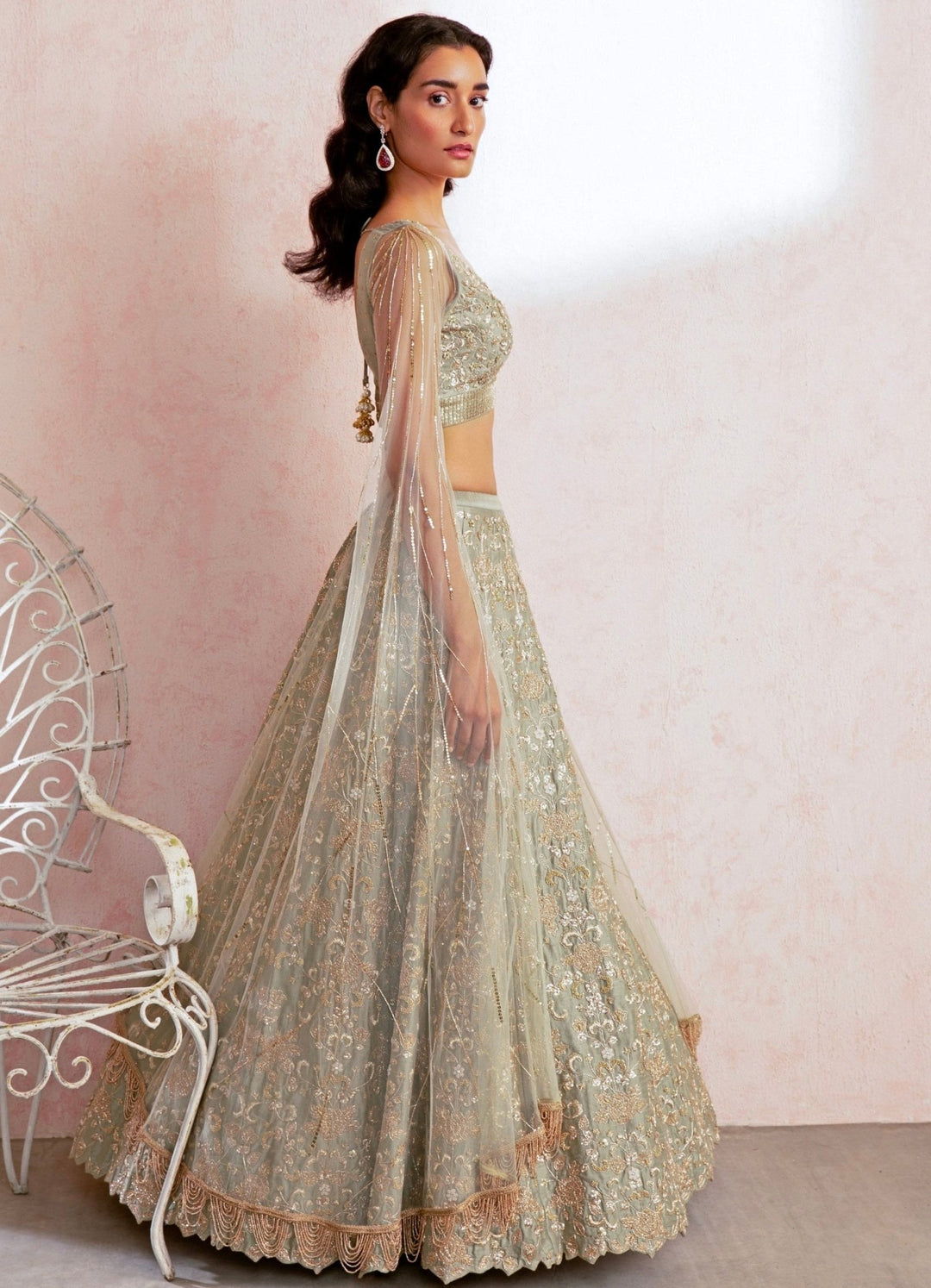 Amayra Sage Green Raw Silk Lehenga Set Chamee n Palak - Fabilicious Fashion