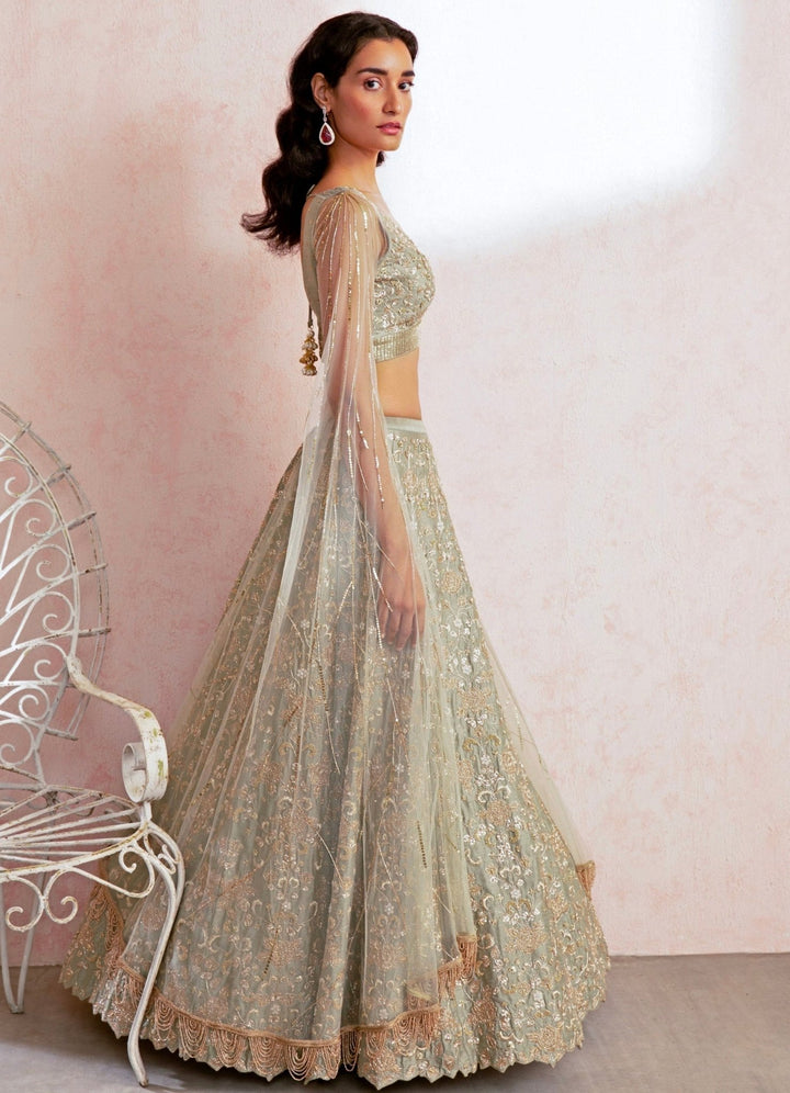 Amayra Sage Green Raw Silk Lehenga Set Chamee n Palak - Fabilicious Fashion