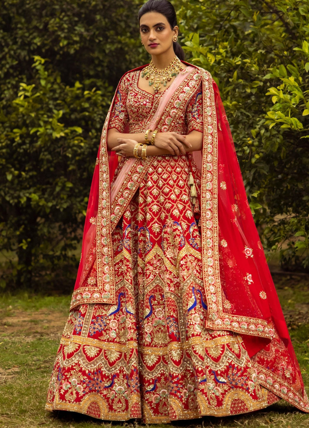 Amira Coral Double Dupatta Embroidered Silk Lehenga Set Angad Singh - Fabilicious Fashion