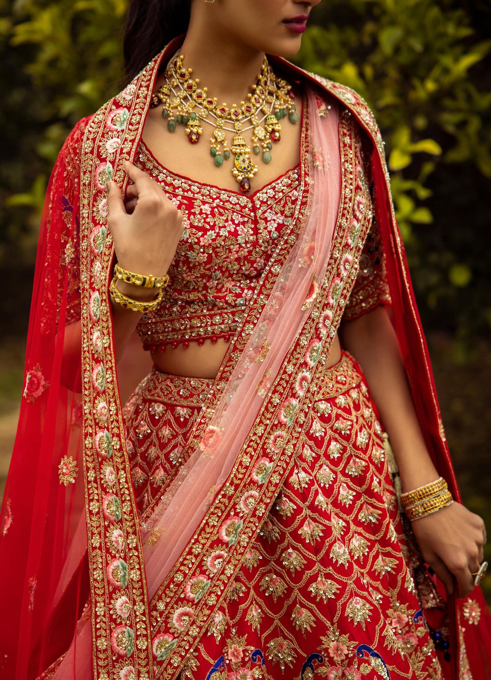 Amira Coral Double Dupatta Embroidered Silk Lehenga Set Angad Singh - Fabilicious Fashion