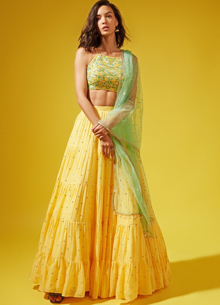 Amy Yellow Halter Lehenga Set Chamee n Palak - Fabilicious Fashion
