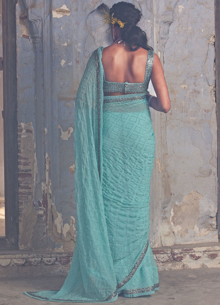Aqua Blue Chiffon Embellished Saree Set Nitika Gujral - Fabilicious Fashion