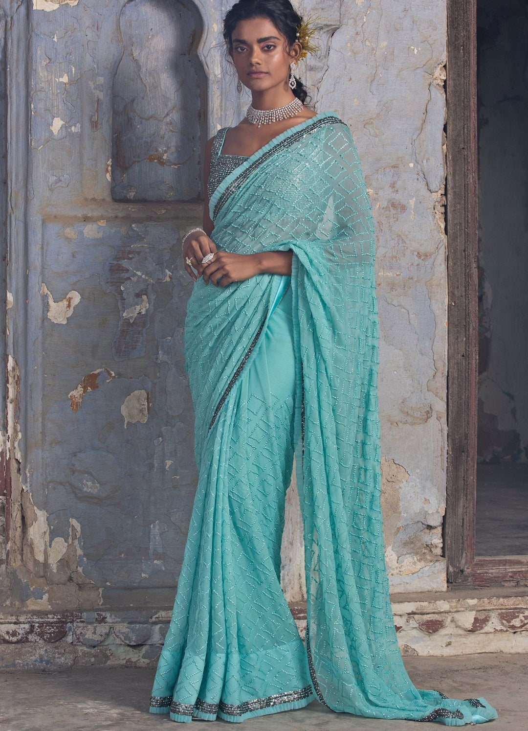 Aqua Blue Chiffon Embellished Saree Set Nitika Gujral - Fabilicious Fashion