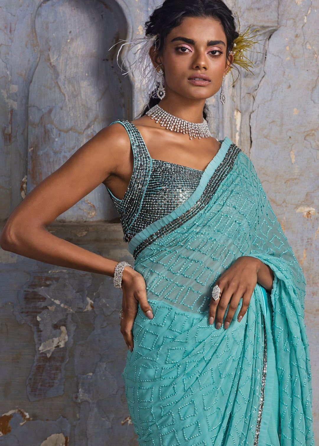 Aqua Blue Chiffon Embellished Saree Set Nitika Gujral - Fabilicious Fashion
