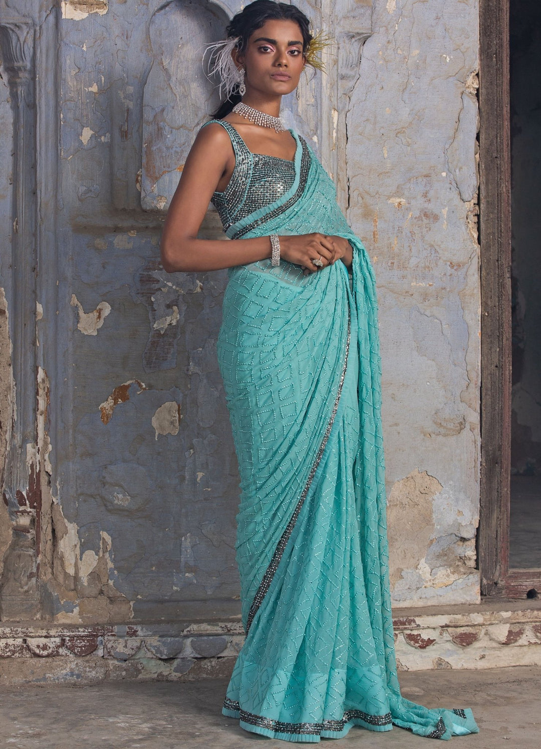 Aqua Blue Chiffon Embellished Saree Set Nitika Gujral - Fabilicious Fashion