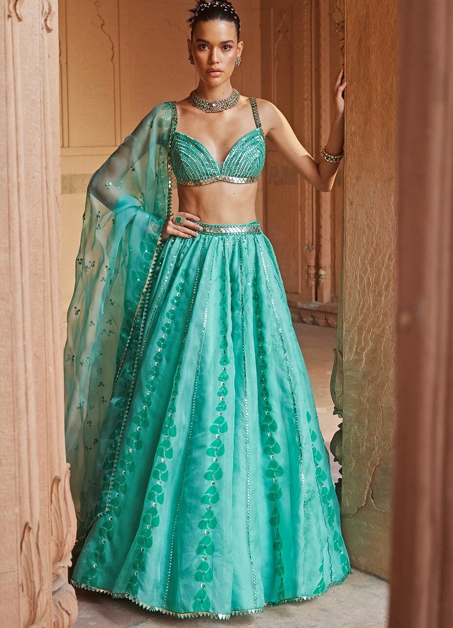 Aqua Green Organza Lehenga Set With Mirrorwork Prevasu - Fabilicious Fashion