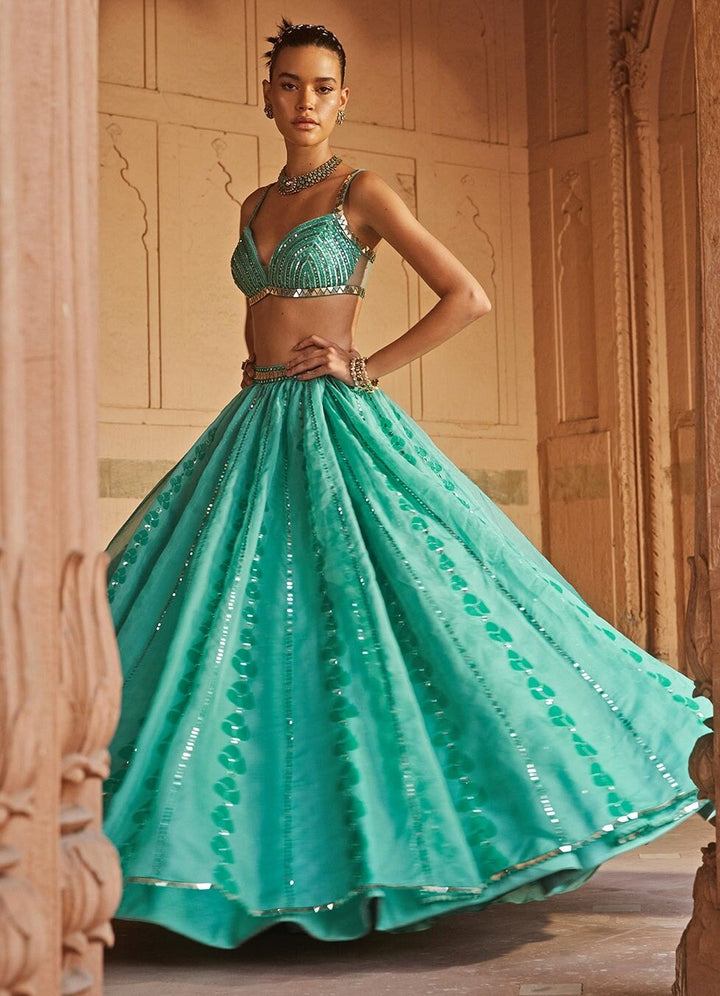 Aqua Green Organza Lehenga Set With Mirrorwork Prevasu - Fabilicious Fashion
