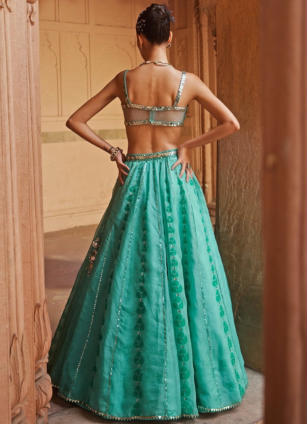 Aqua Green Organza Lehenga Set With Mirrorwork Prevasu - Fabilicious Fashion