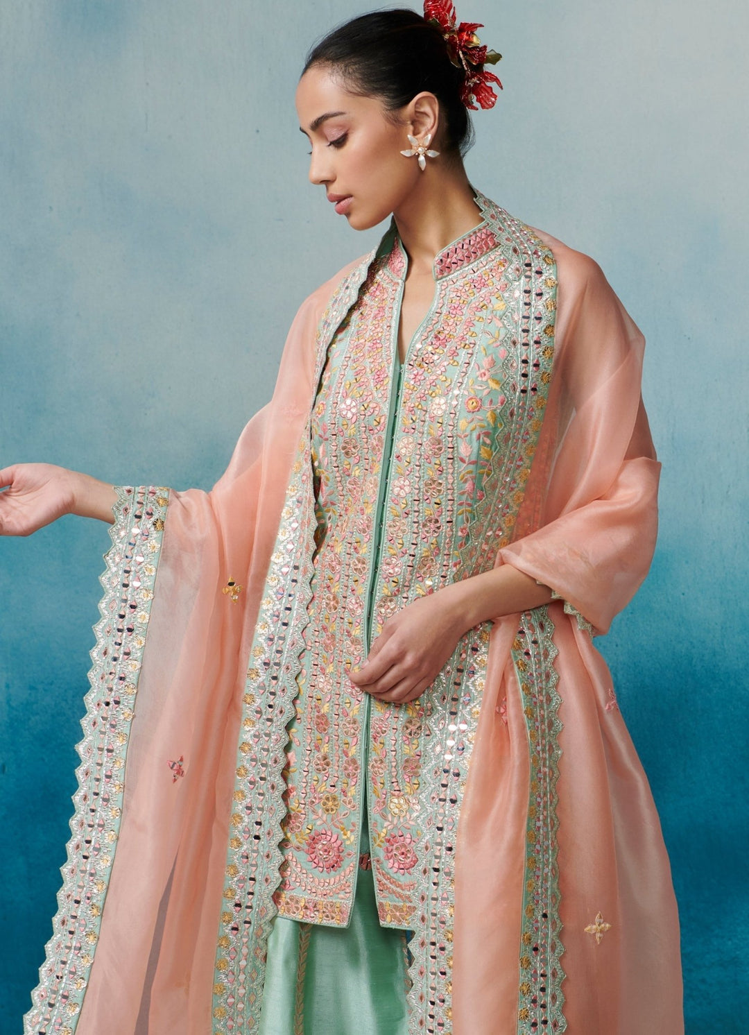 Aqua Silk Front Open Kurta Set With Organza Dupatta Suhino - Fabilicious Fashion