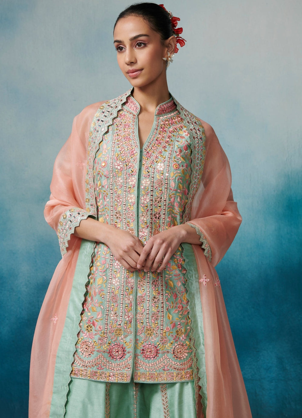 Aqua Silk Front Open Kurta Set With Organza Dupatta Suhino - Fabilicious Fashion