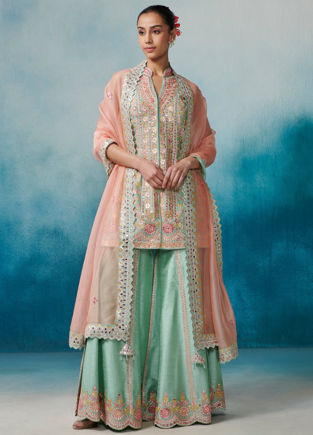 Aqua Silk Front Open Kurta Set With Organza Dupatta Suhino - Fabilicious Fashion