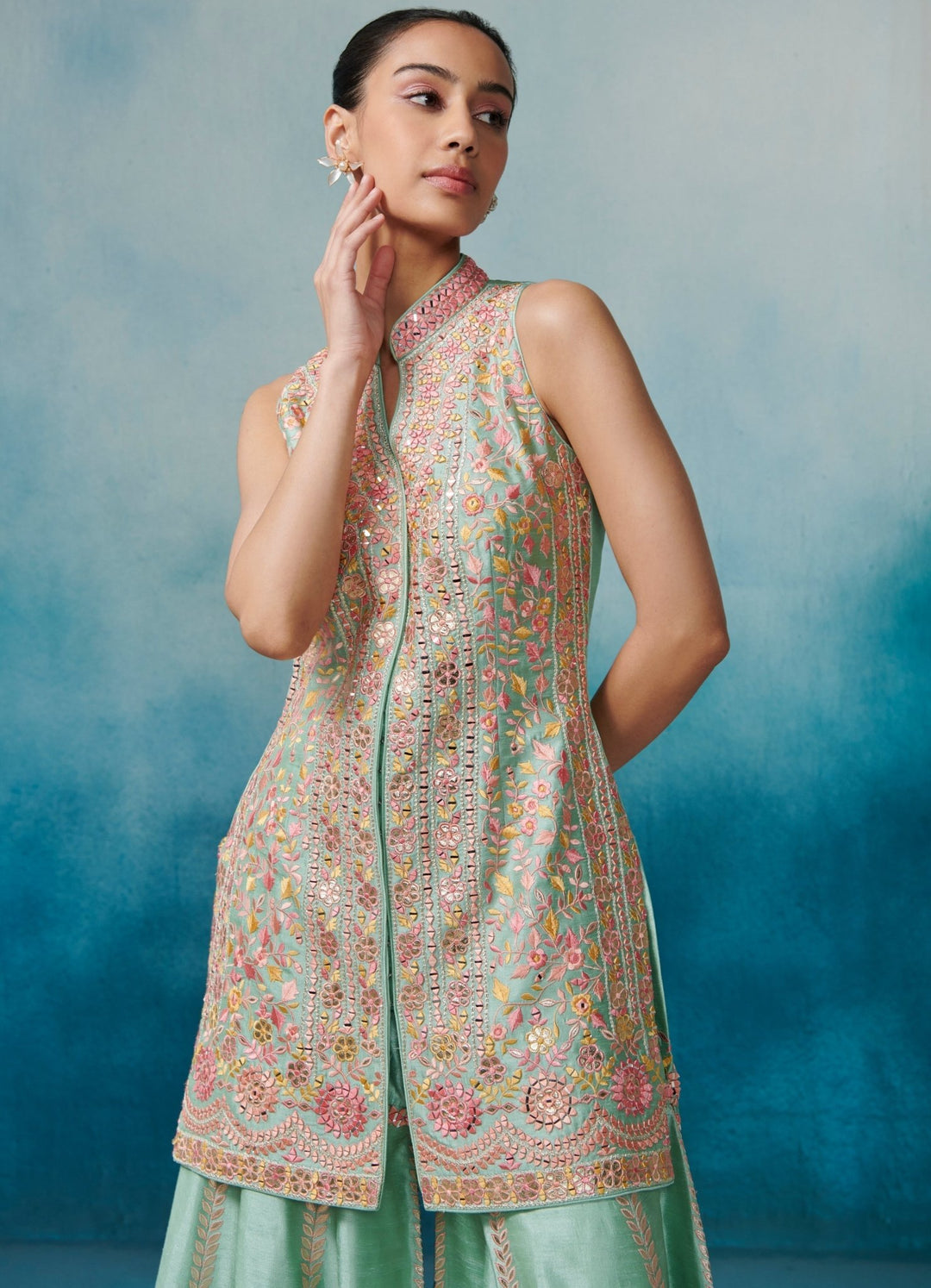 Aqua Silk Front Open Kurta Set With Organza Dupatta Suhino - Fabilicious Fashion