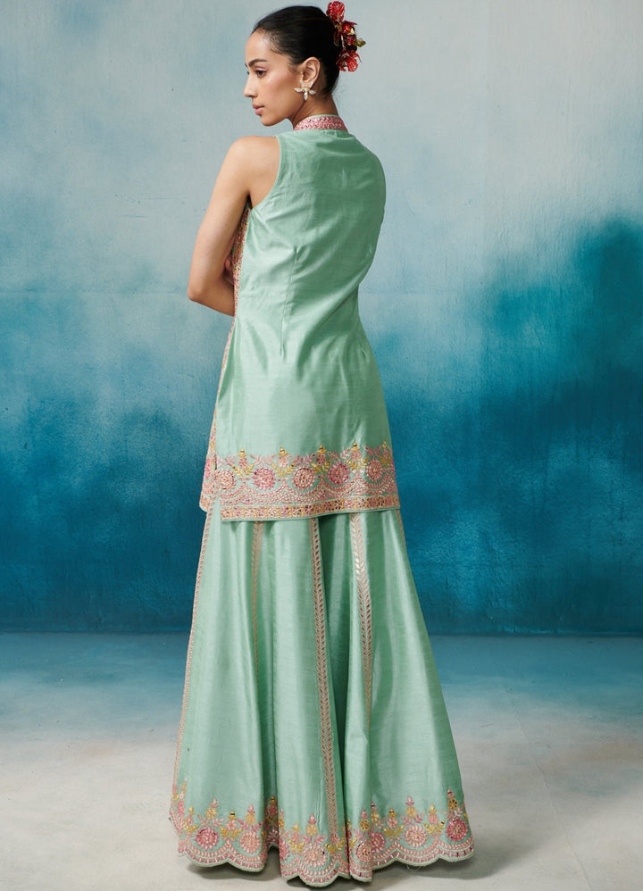 Aqua Silk Front Open Kurta Set With Organza Dupatta Suhino - Fabilicious Fashion