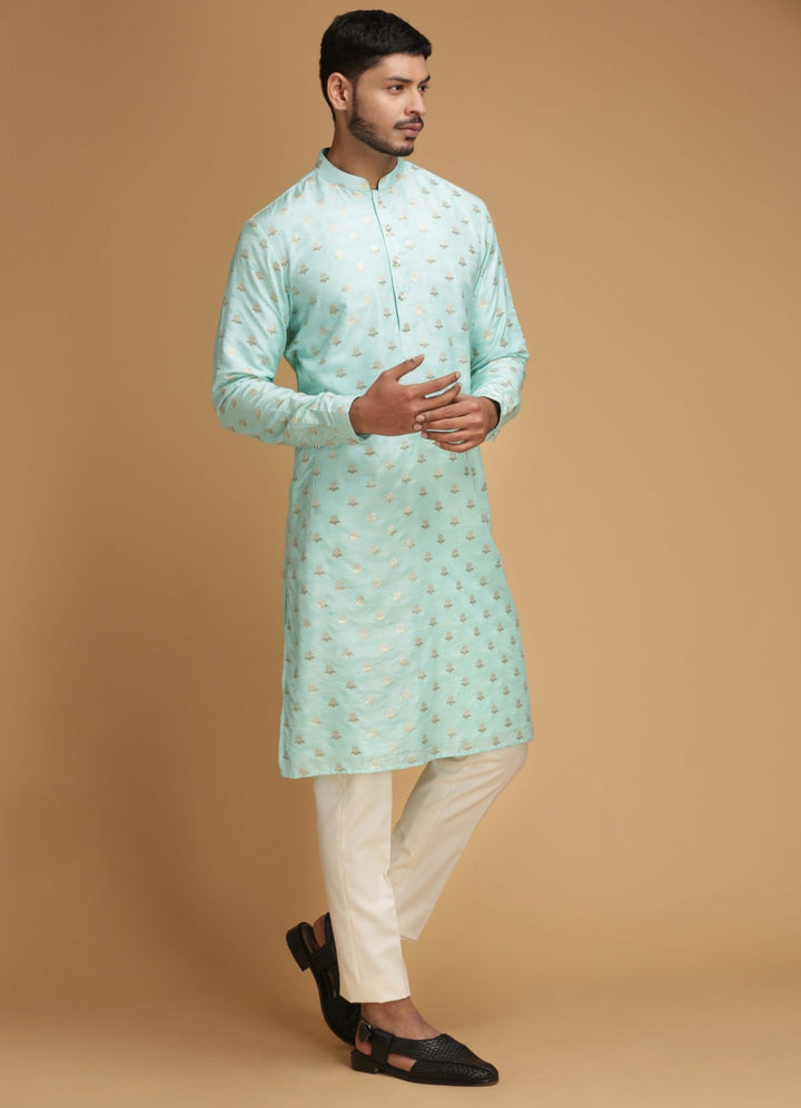 Aqua Zari Motif Silk Kurta Set Chatenya Mittal - Fabilicious Fashion