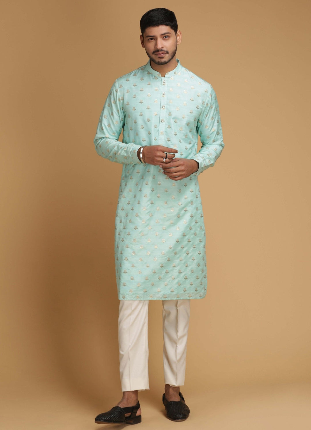 Aqua Zari Motif Silk Kurta Set Chatenya Mittal - Fabilicious Fashion