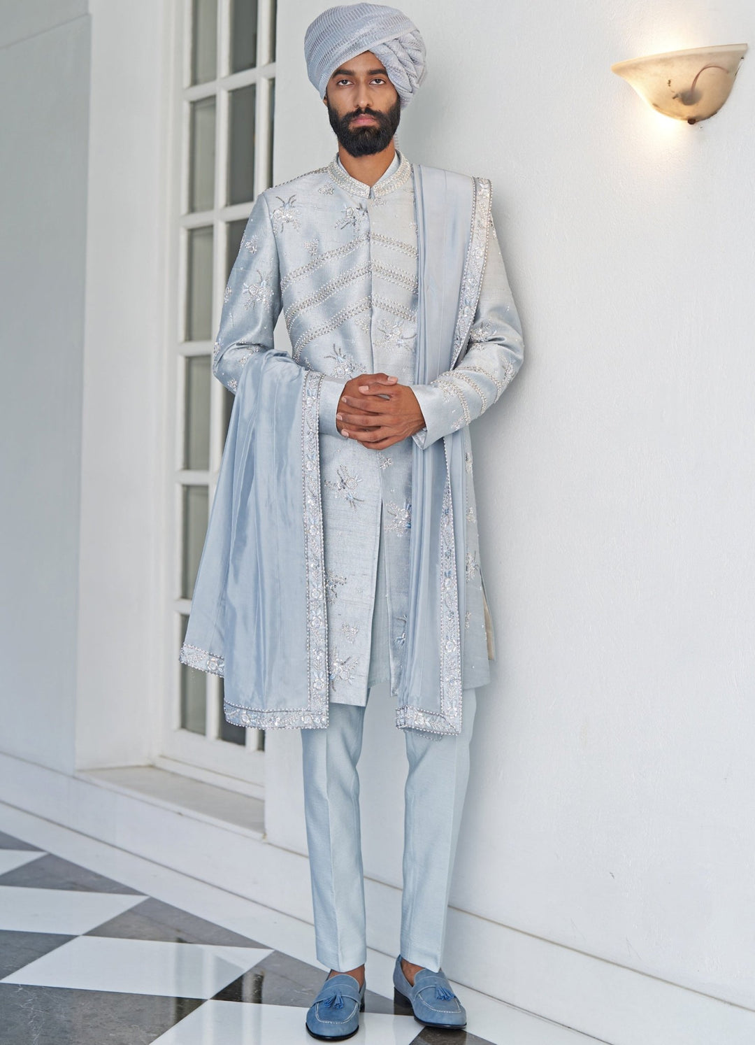 Ash Blue Sherwani Set Contrast by Parth - Fabilicious Fashion