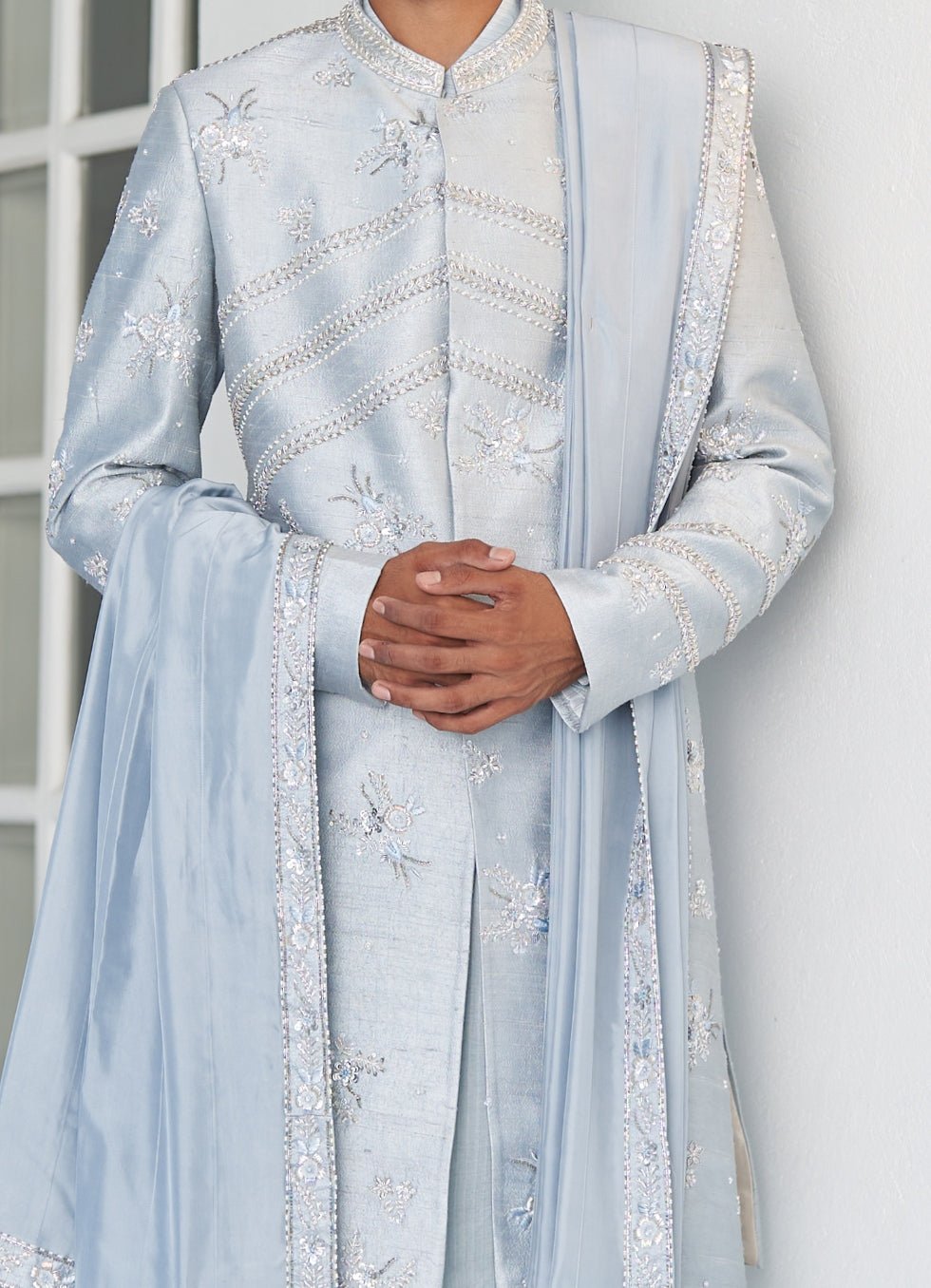 Ash Blue Sherwani Set Contrast by Parth - Fabilicious Fashion