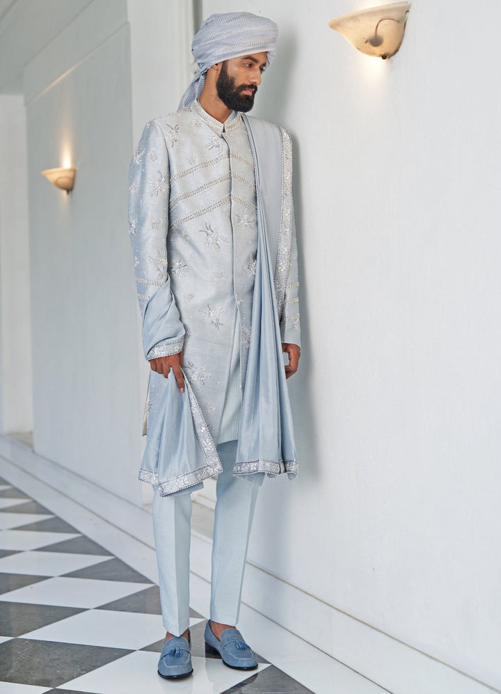 Ash Blue Sherwani Set Contrast by Parth - Fabilicious Fashion